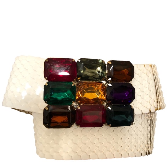 Accessories - Elastic white crystal metal belt bling rhinestone buckle colorful bedazzle
